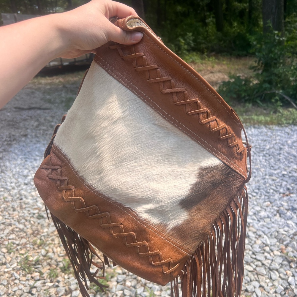 Brown and White Leather Fringe Bag